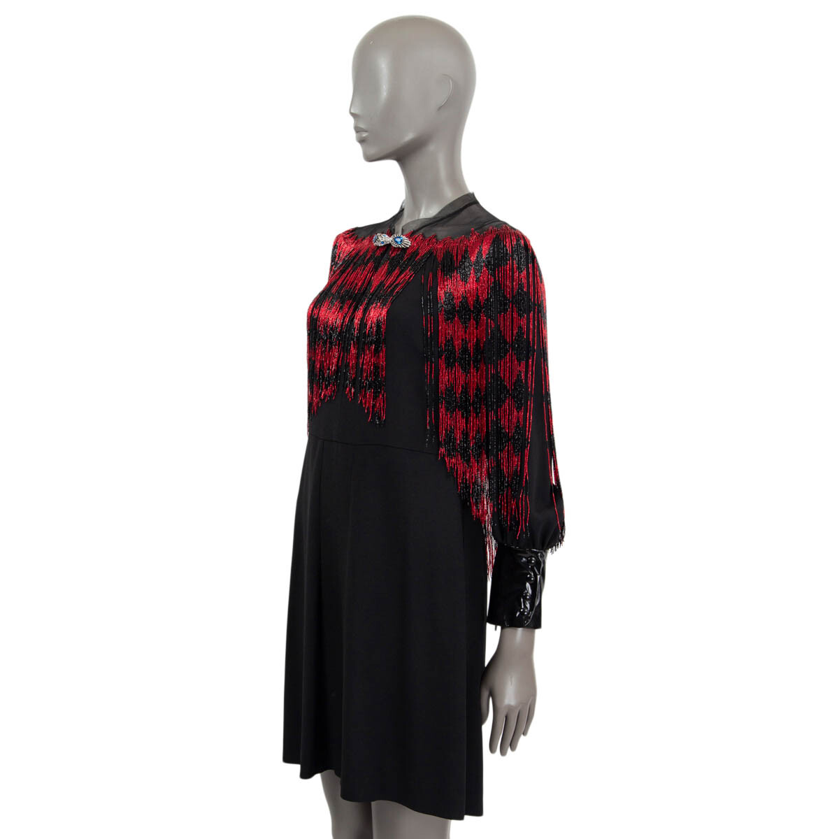 66446 auth GUCCI black 2019 DIAMOND BEADED FRINGE MINI Dress 42 M