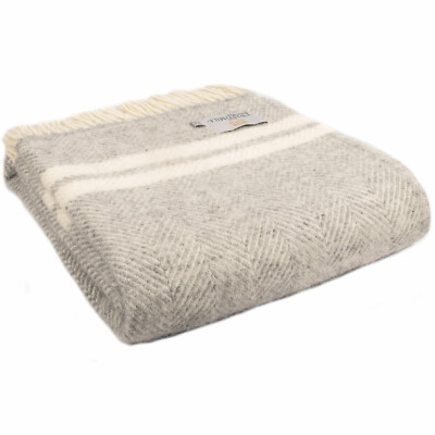TWEEDMILL 100% Wolle Bettdecke Überwurf FISHBONE SILBER GRAU CREME STREIFEN KNIETEPPICH