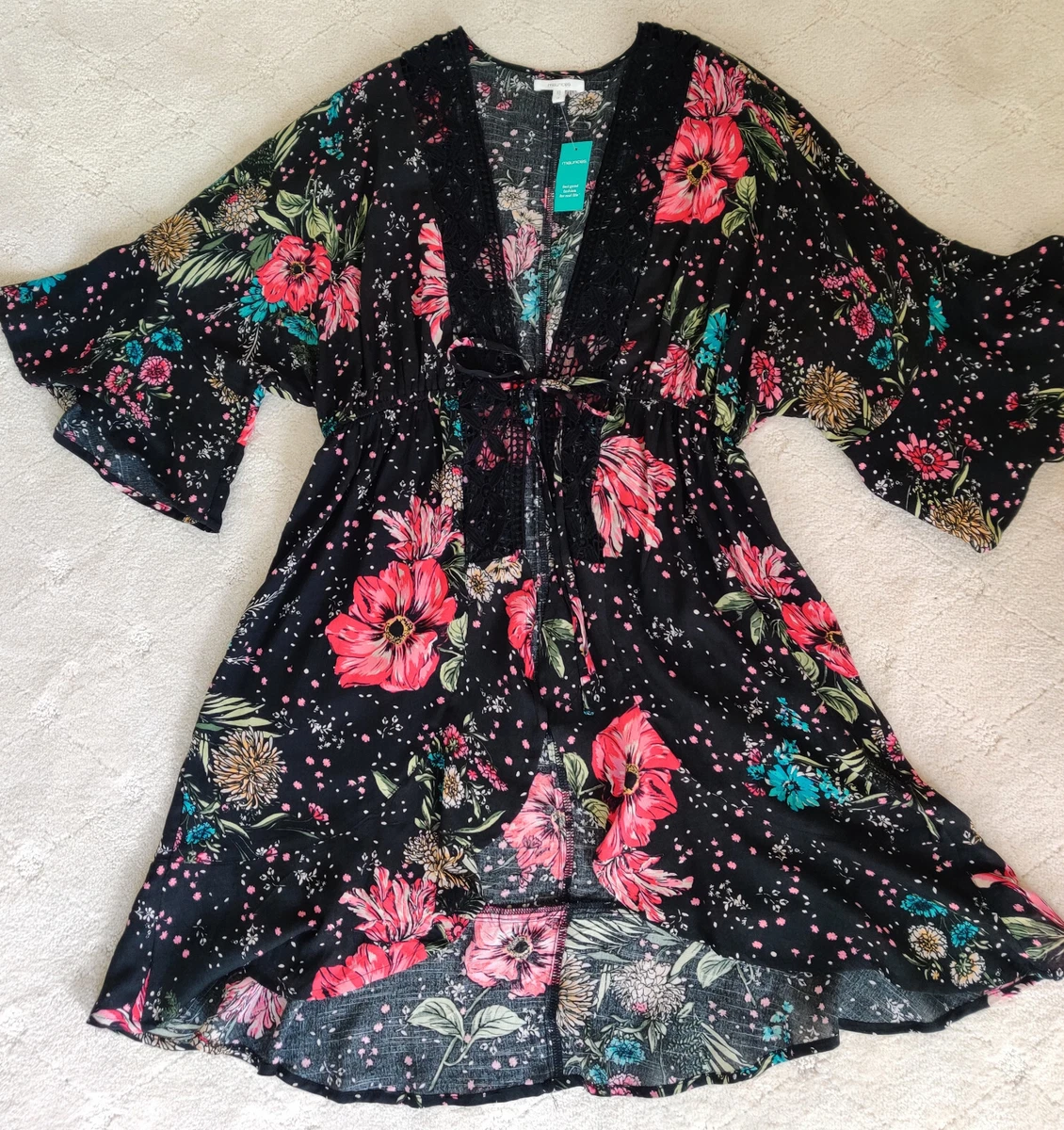 New Black Floral Print Kimono Tie Front Sleeves Crocheted