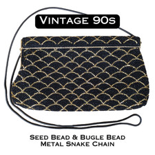 Beaded Evening Bag VTG 90s Black Gold Scallop Art Deco Clutch Crossbody Chain
