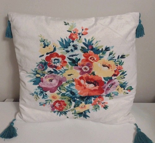Pioneer Woman Spring Floral Tassel Throw Pillow Crushed Velvet Front 16" X 14"