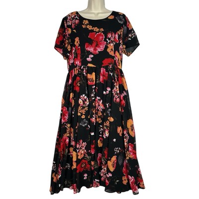 Jessakae Pensive Poppy Midi Dress Women L Black Floral Fit Flare Short Sleeve