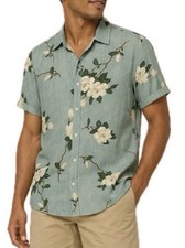 Men's Hawaiian Floral Green/White Cotton Rayon Woven Button-Up Shirt XL.