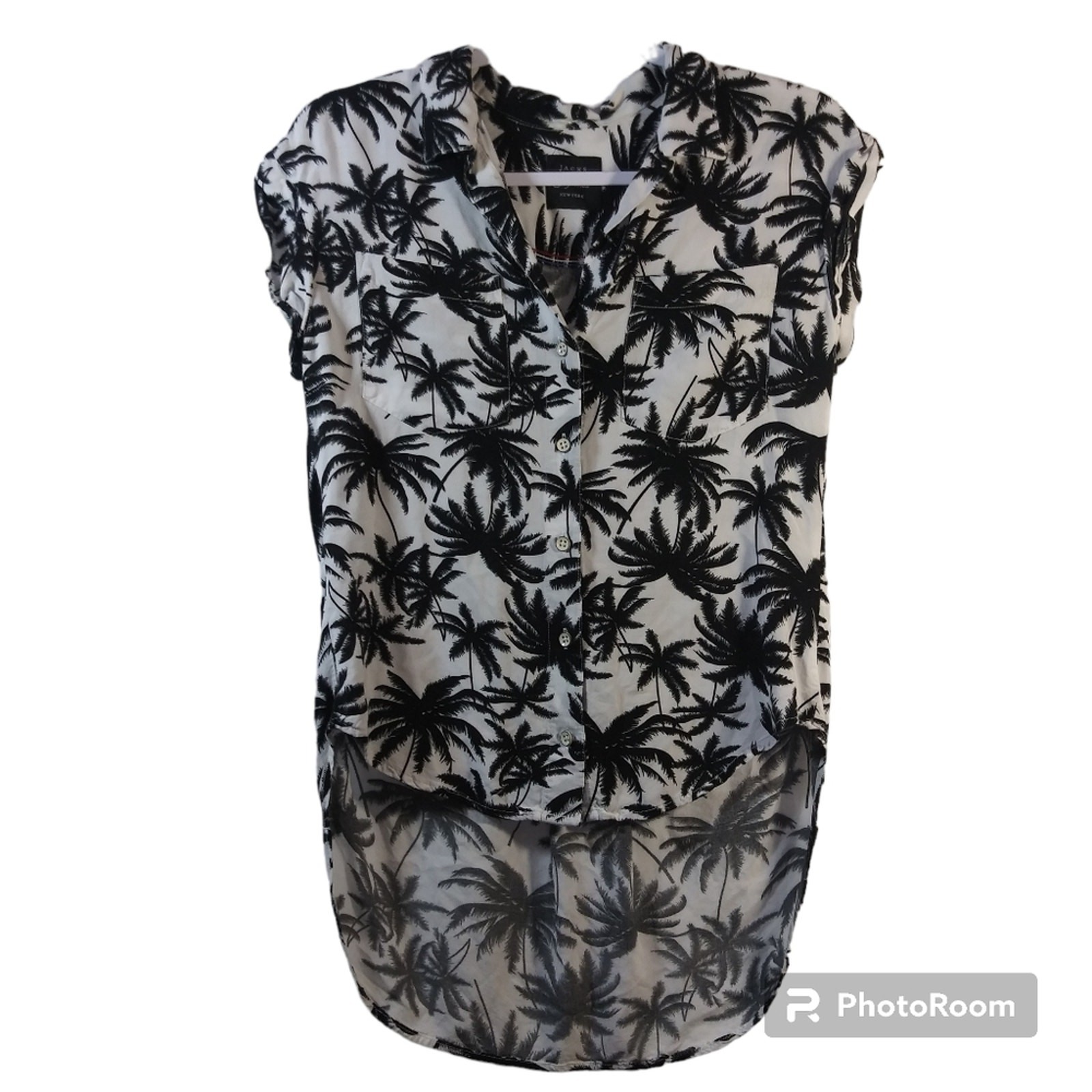 Jachs Womens White Black Palm Print High-Low Button-Up Top Size M
