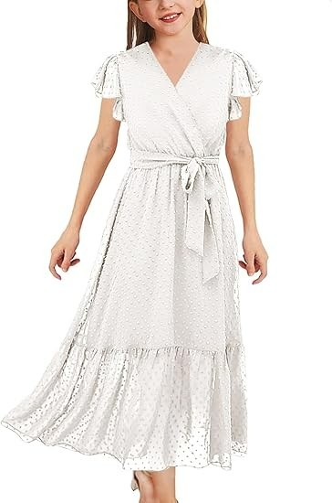 WIFFGO Girls Spring Dresses Bohemian Flying Cap Sleeve V Neck Belt Calf 9-10