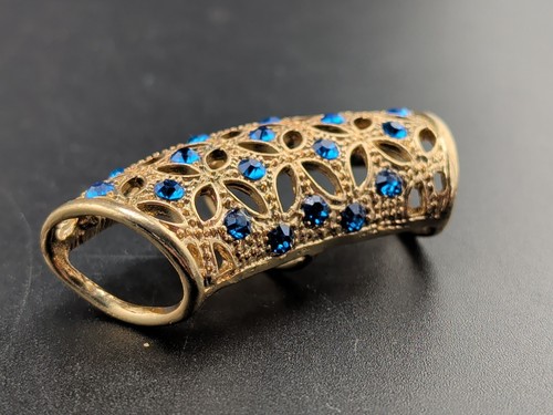 Vintage Blue Rhinestone And Gold Tone Scarf Slide 2.5"