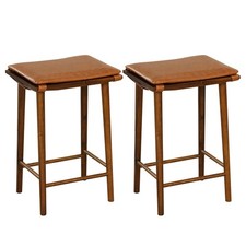 Set of 2 Bar Stools Counter Height Stools Saddle Seat Stool with Solid Wood Legs