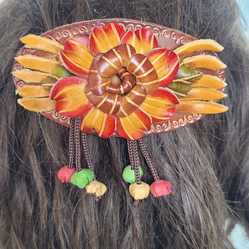 Clipe de cabelo de couro flor barrette rabo de cavalo suporte pônei feito à mão feito à mão - Imagem 4 de 4