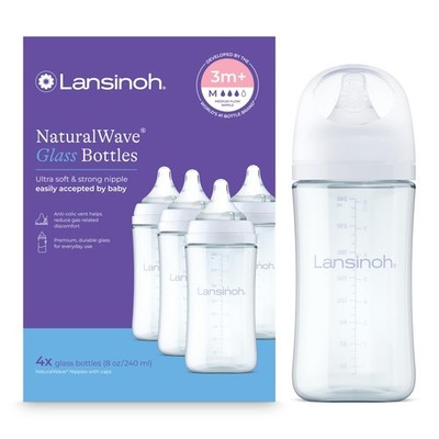 Lansinoh Glass Baby Bottles, Anti-Colic, White, 8oz, 4 Count, with Medium Flow N
