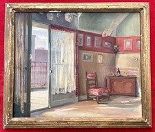Ancien tableau XIX XX scène d’intérieur portrait maison nature morte