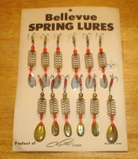 Vintage NOS 12-Piece Bellevue Spring Spinner Lures on Store Display Card Iowa