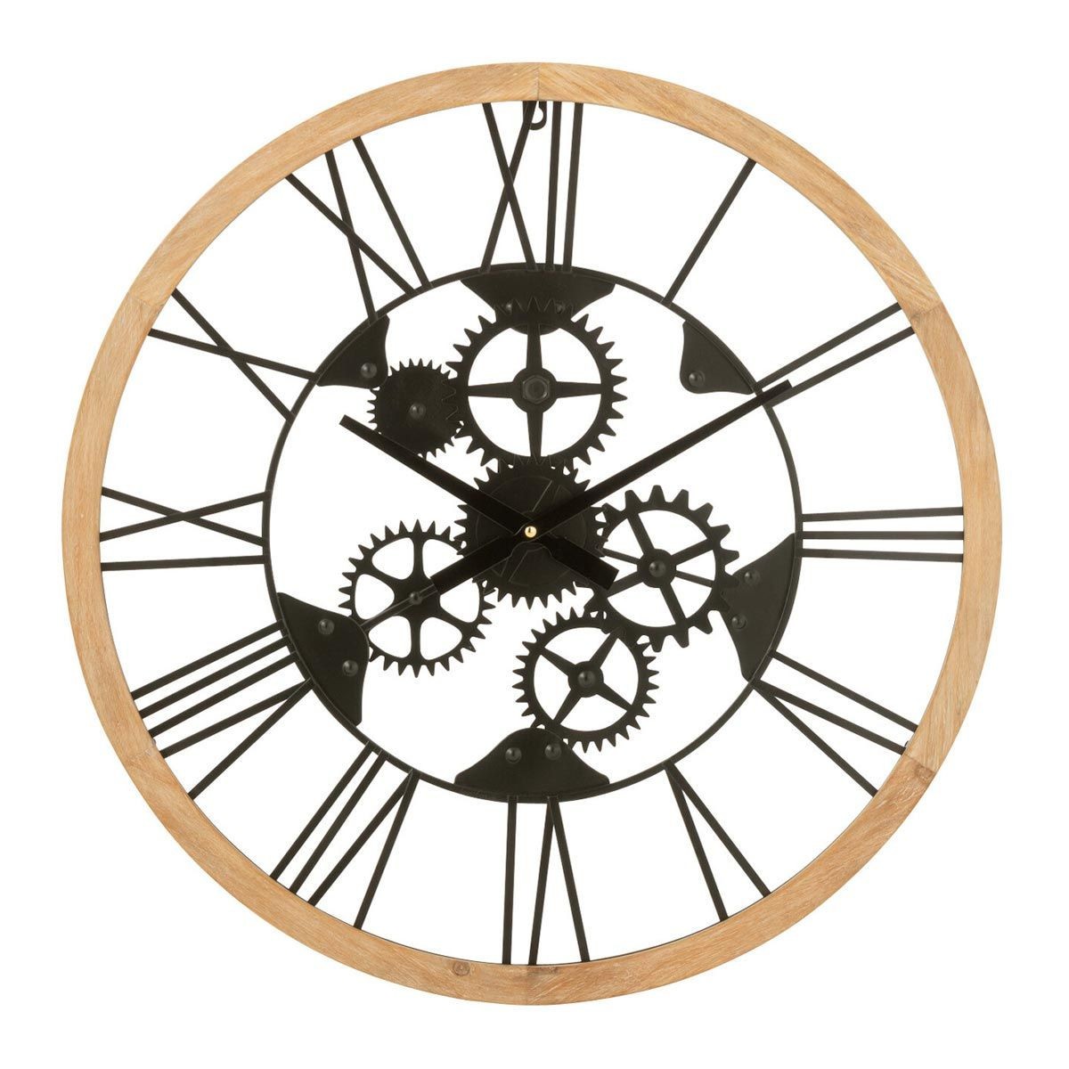 Horloge murale en métal Roues de 60 cm en noir et bois naturel pour salon