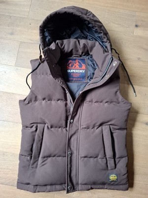Brown Superdry Mens Everest Hooded Puffer Gilet Small New