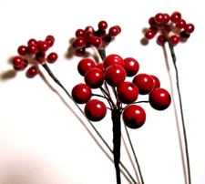 4pc Christmas Holly Berry Sprigs w/14 Red 1/2" Berries 9.5" Bendable Floral Pick