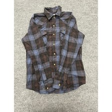 Wrangler Pearl Snap Shirt Mens Size Small Blue Brown Plaid Western Long Sleeve