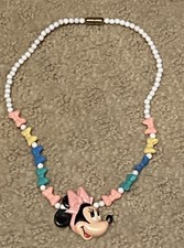 VTG 80s Disney Minnie Mouse Necklace Face  Bows Plastic Beaded Girls Kids 15"