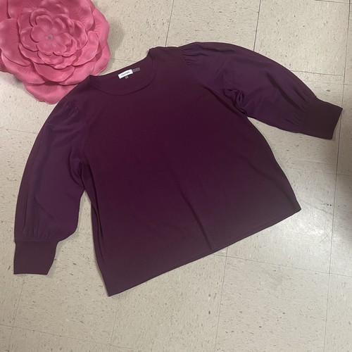 CALVIN KLEIN Sz 2X Purple Knit Sweater Top Knit/Sheer Georgette Blouson Sleeves