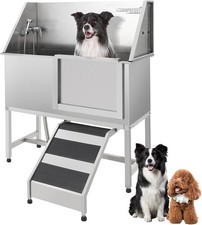 60" Stainless Steel Dog Washing Station Pet Dog Grooming Bathtub w/ Stairs/Ramp