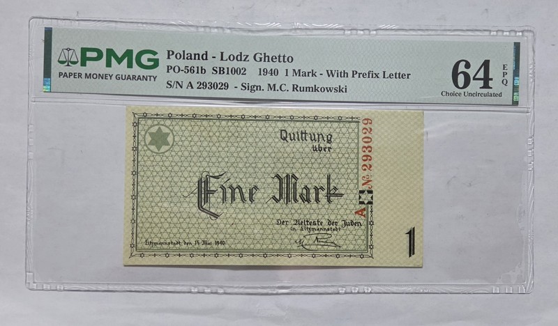 1940 Poland 1 Mark LODZ JEWISH GHETTO Money - PMG 64 EPQ