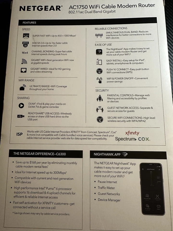 Router módem por cable WiFi NETGEAR C6300 AC1750 DOCSIS 3.0 - Xfinity Spectrum Cox Foto 2 de 2