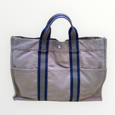 Hermes Fourre Tout MM Tote Bag Handbag Multi Pocket Khaki Navy Canvas Cotton