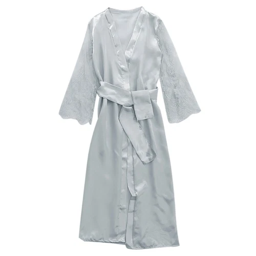 Damen Satin Lang Nachthemd Seide Spitze Dessous Nachthemd Nachtwäsche Sexy Morgenmantel - Bild 22 von 30