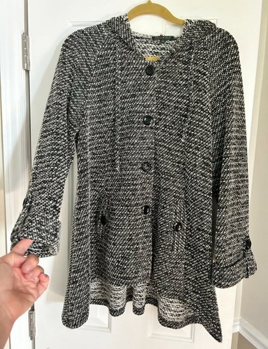 For Cynthia Woman’s Jacket Black&White Knit Tweed Button Down With Hood Sz L - Picture 7 of 9