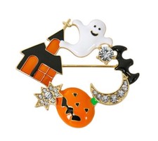 Haunted House, Ghost, Bat Pumpkin Simulated Crystals Brooch Pin -NEW - Halloween