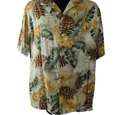 Island Shores Hawaiian Aloha Mens Shirt SZ  LRG  Bold Palms Tan Green Button Up