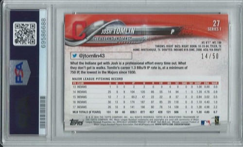 2018 Topps # 27 Josh Tomlin Mother's Day Pink PSA 9 MINT Rare 14/50 - Picture 2 of 2