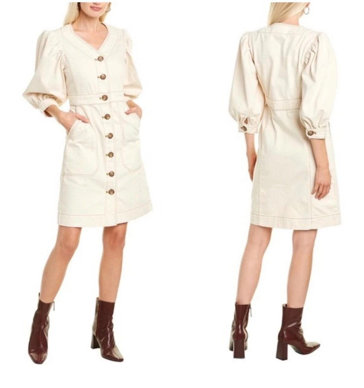 Abito Tory Burch cotone manica a sbuffo avorio con bottoni davanti