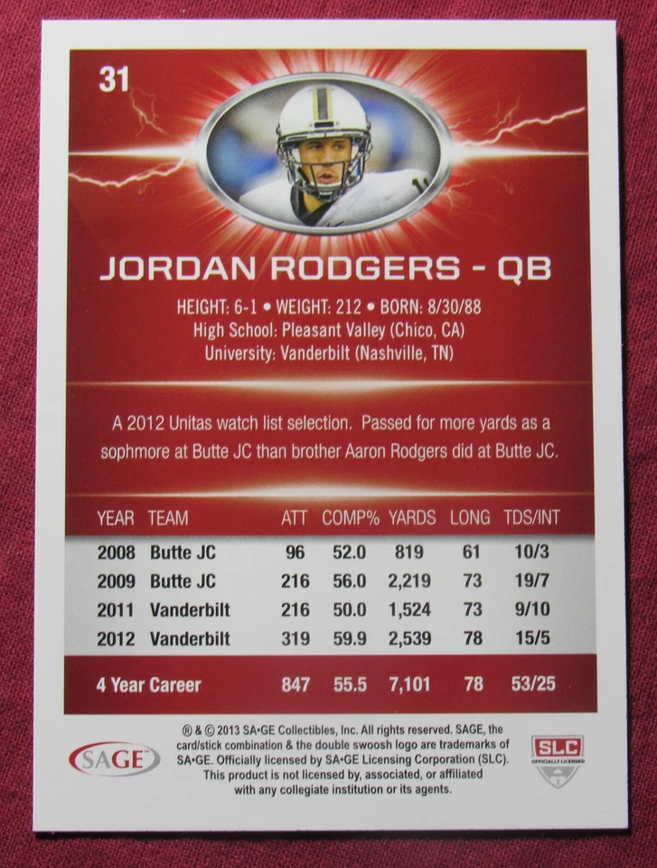 2013 SAGE HIT #31 Jordan Rodgers Vanderbilt Commodores - Image 2 of 2