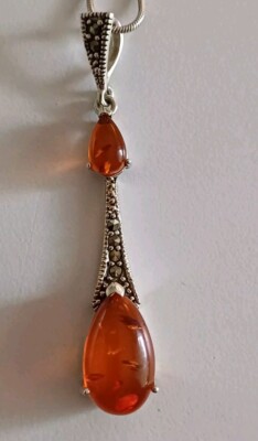 925 Sterling Silver Amber & Marcasite Pendant On 18'' 1mm Snake Chain  (CO986)