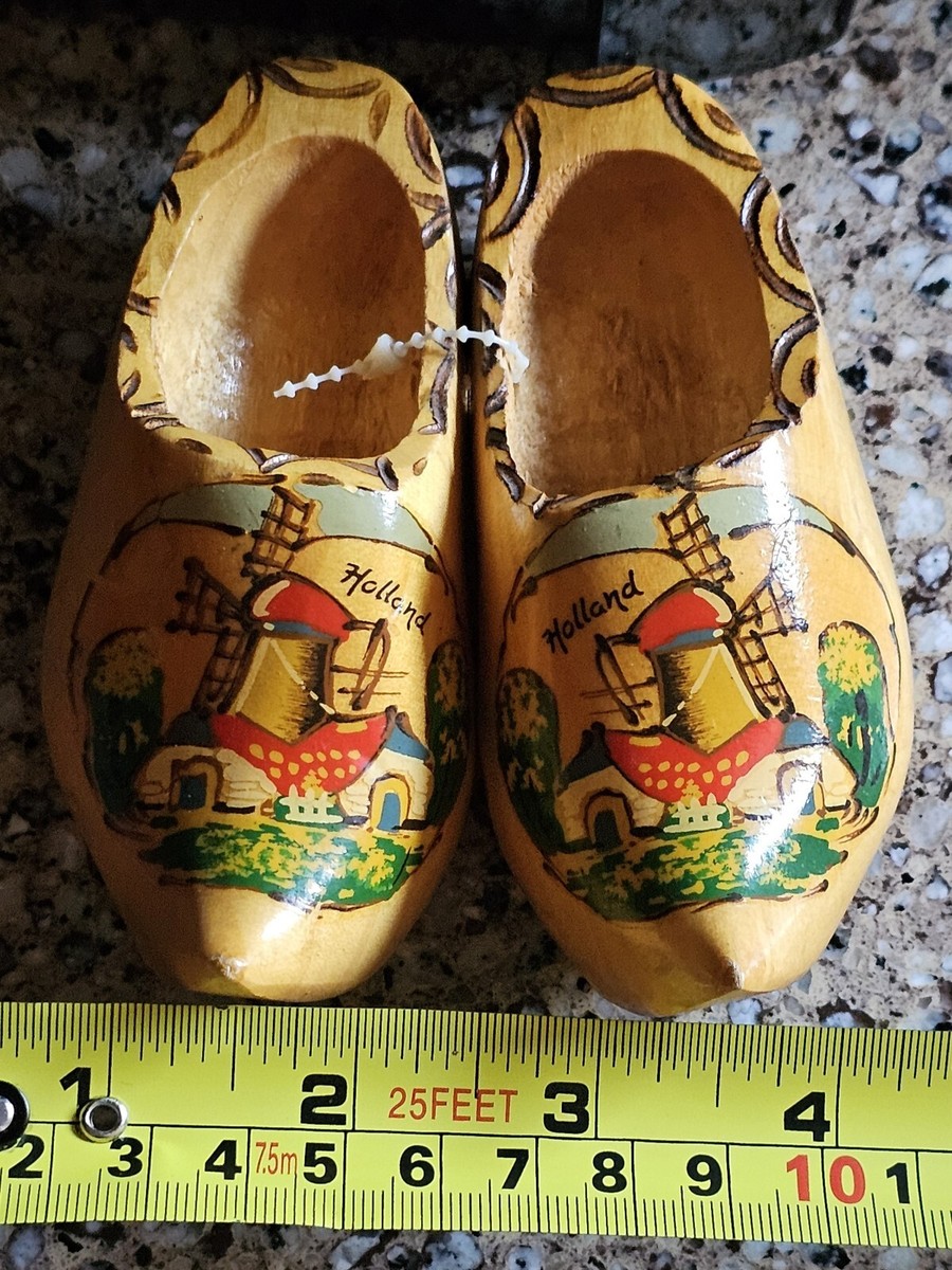 Vintage Pair Decorative Wooden Holland Clogs Handpainted Windmill