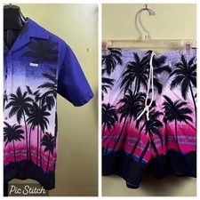 Vtg 70's 2 pc Hawaiian Shirt  Matching Swim Trunks sz L Purple by Windswept