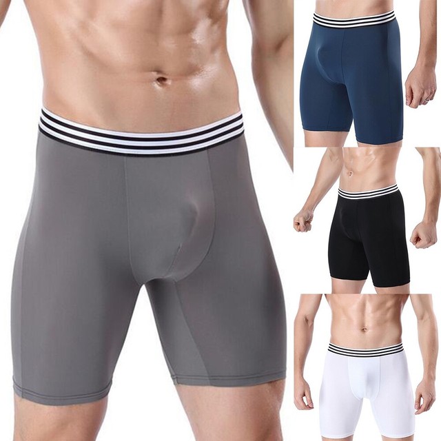 Mens Ice Silk Boxer Briefs Shorts Long Leg Sports Underwear Silky Soft