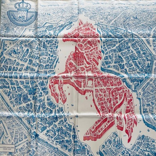 Hermes Scarf La Cite Cavaliere 90 Silk Carre Pink Blue Tags Box Unused.