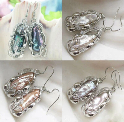 Natural 12x26mm White Baroque Biwa Freshwater Pearl Dangle Silver Hook Earrings - Image 1 of 4