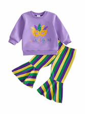 Girls Mardi Gras 2pc Set 12M Purple Sweatshirt Striped Flare Pants