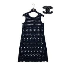 CHANEL Dress Size 36 84cm Length Black White Knit with Coco Mark Charm