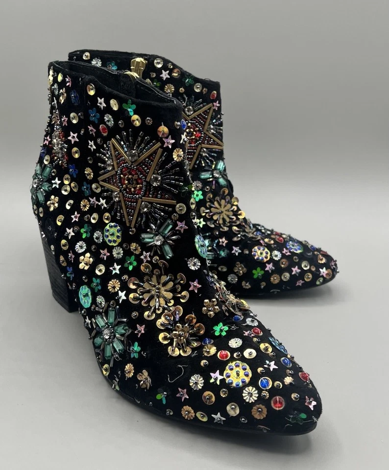 Free People 38 US 7.5 Suede Night Out Booties Sequin Star Bedazzled Please Read - Image 3 of 4