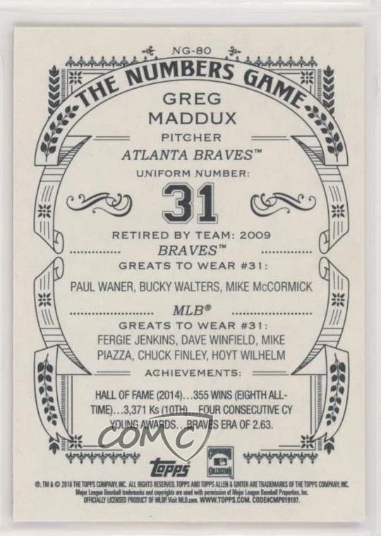 2016 Topps Allen & Ginter The Numbers Game Greg Maddux #NG-80 HOF - Image 2 of 2