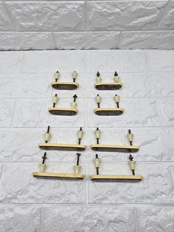 8 Vintage Mid Century Drawer Pull Handles 2 Sizes 7-10 Cm Cream Brown - Image 3 of 4