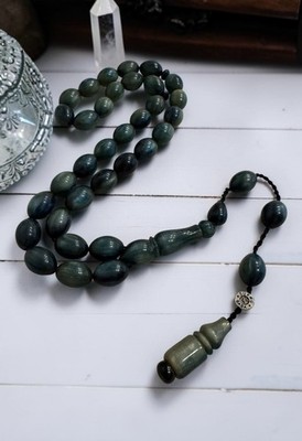 Marbled Petrol Green Faturan Bakelite Prayer Beads Misbaha Tasbih Oval Finecraft