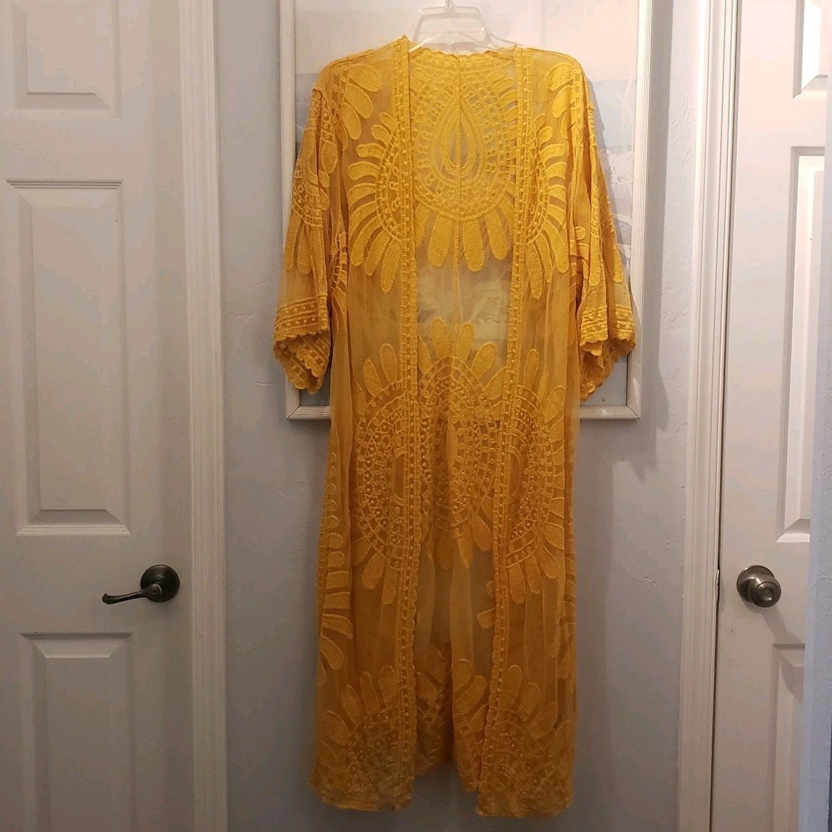 Raj Women Yellow Sheer 1/2 Sleeve Boho Lace Crochet Duster Raj Women Yellow Sheer 1/2 Sleeve Boho Lace Crochet Duster