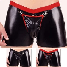 PU Leather Boxer Briefs for Men with Zip Shiny Wet Look Trunks Underwear M 2XL