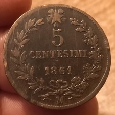 Moneta 5 Centesimi 1861 Milano, Vittorio Emanuele II, Rif. 9034