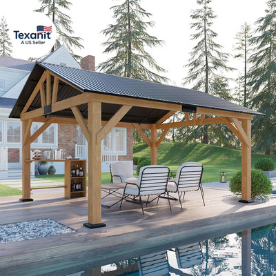 13X15 Ft Spruce Wood Gazebo, Outdoor Gazebo with Bar Storage, Hardtop Wooden Pav