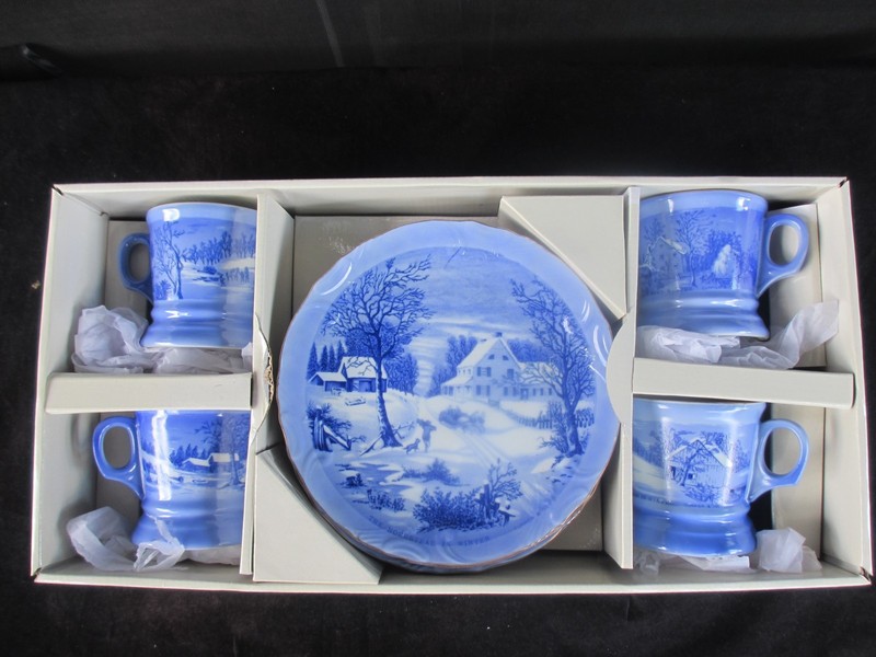 Currier & Ives The Old Homestead In Winter Plates and Mugs Set for 4 P.