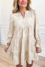 Parchment Long Sleeve Notched Neck Jacquard Tiered Mini Dress